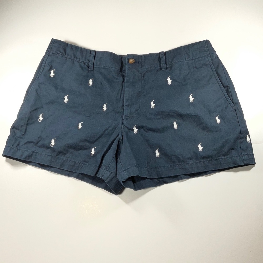 Polo Ralph Lauren Womens Navy Blue All Over Embroidered Pony Chino Shorts 8